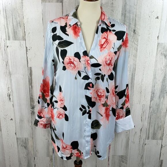 INC Women's Petite Pink Blue Floral Striped Button Down Tunic Blouse Top PM‎ - Picture 1 of 9